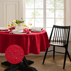 Elrene Home Fashions Continental Solid Texture Water, Stain & Wrinkle Resistant Tablecloth, 60"X84" Oval, Red