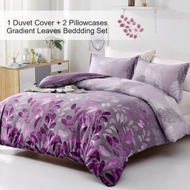 Purple Duvet Cover Double Purple Floral Bedding Set, Reversible Lightweight Leaves Bedding Sets 3pcs with Zipper Closure (Double, 200x200cm)