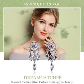 Purple Dream Catcher 925 Sterling Silver Vintage Dream Catcher Drop Earrings for Women Purple Cubic Zircon Sterling Silver jewellery