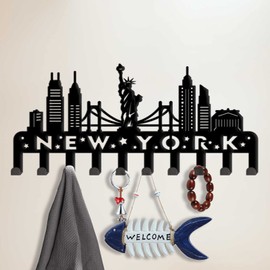 SUPERDANT New York City View Wall Hooks Statue of Liberty Key Holder Decorative Hooks Hangers Stainless Steel Hooks Wall Mounted Decorative with 10 Hooks for Key Hooks Hats