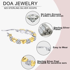DOA 925 Silver Earrings for Women, Cubic Zirconia Sterling Silver Earrings, Hypoallergenic Heart Hoop Earring, Dainty Silver Hoop Earrings for Women Girls 20mm （Yellow Gold Plated）