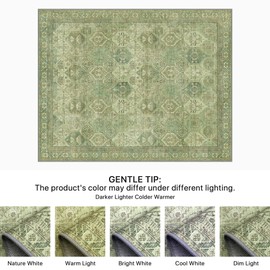Bavni Area Rug 5x7 Machine Washable Large Light Green Ultra-Thin Chenille Vintage Distressed Print Bedroom Living Room Accent Rug, Low Pile Lightweight Non Slip with Gripper