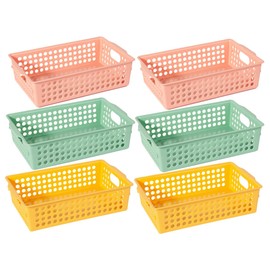 STOBAZA Ganizer Bins 6 Pack Mesh Storage Basket for Desk Office Pantry Kitchen Sturdy Plastic Easy to Clean Pink Yellow Green