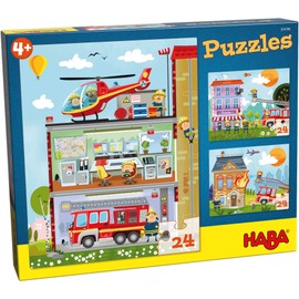 HABA 304186 - Puzzles Kleine Feuerwehr, 3 Puzzles mit je 24 Teilen, 3 unterschiedliche Feuerwehr-Motive, Puzzlespaß ab 4 Jahren