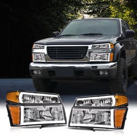 PIT66 LED DRL Headlight Assembly w/Bumper Lights, Compatible with 2004-2012 Chevy Colorado & GMC Canyon/Fit 2006 Isuzu i-280 i-350/07-08 Isuzu i-290 i-370 Clear Lens Chrome Housing Amber Reflector