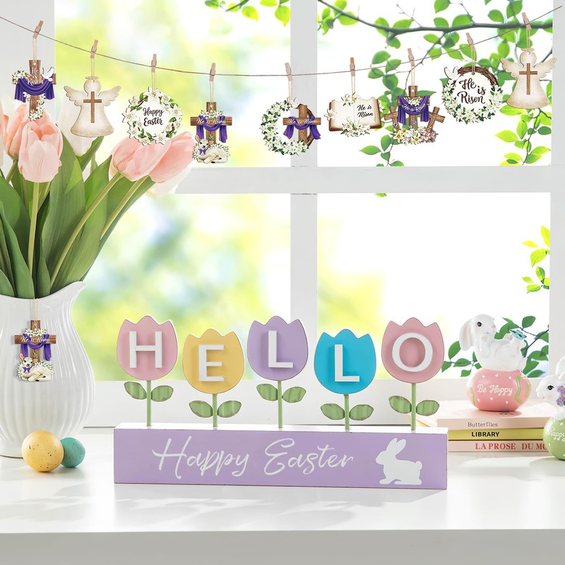 24 Pcs Wooden Easter Ornaments Decoration He is Risen Cross