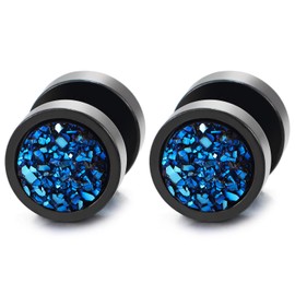 Mens Womens Earrings Steel Black Circle Earrings with Blue Shiny - Cork Fake Cheater Fake Plugs, Stainless Steel, No gemstone