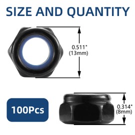 M8 x 1.25mm Nylon Insert Hex Lock Nuts 100Pcs 304 Stainless Steel Locknuts, Hex Drive, Black Oxide by SG TZH