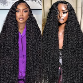 34 Inch 13x4 Deep Wave Lace Front Wigs Human Hair 200 Density HD Lace Frontal Human Hair Wigs for Women Curly Glueless Wigs Human Hair Pre Plucked with Baby Hair Natural Black