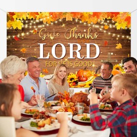 Mocsicka Give Thanks to The Lord Banner Christian Happy Thanksgiving Decorations Banner Autumn Maple Leaves Pumpkins Religious Fall Harvest Party Supplies for Photography (Brown, 70.8x43.3 inch)