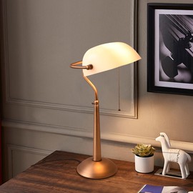 COSYLUX Tall Bankers Lamp, Vintage Sleek Glass Shade Table Lamp with Pull Switch, Antique Bronze Metal Bankers Desk Lamp for Office, Study Room, End Table, Bedside (White)