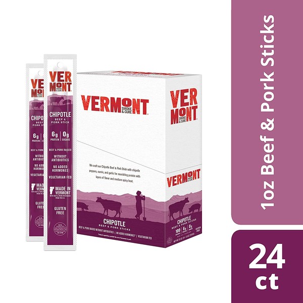 Vermont Smoke & Cure Meat Sticks - Antibiotic Free Beef & Pork Sticks - Gluten-Free Snack - Paleo and Keto Friendly - Nitrate Free - Chipotle - 1oz Stick - 24 Count