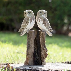 Wood Barn Owl Pair on Driftwood Base 16x25x9cm Decorative Ornament Sculpture Figures