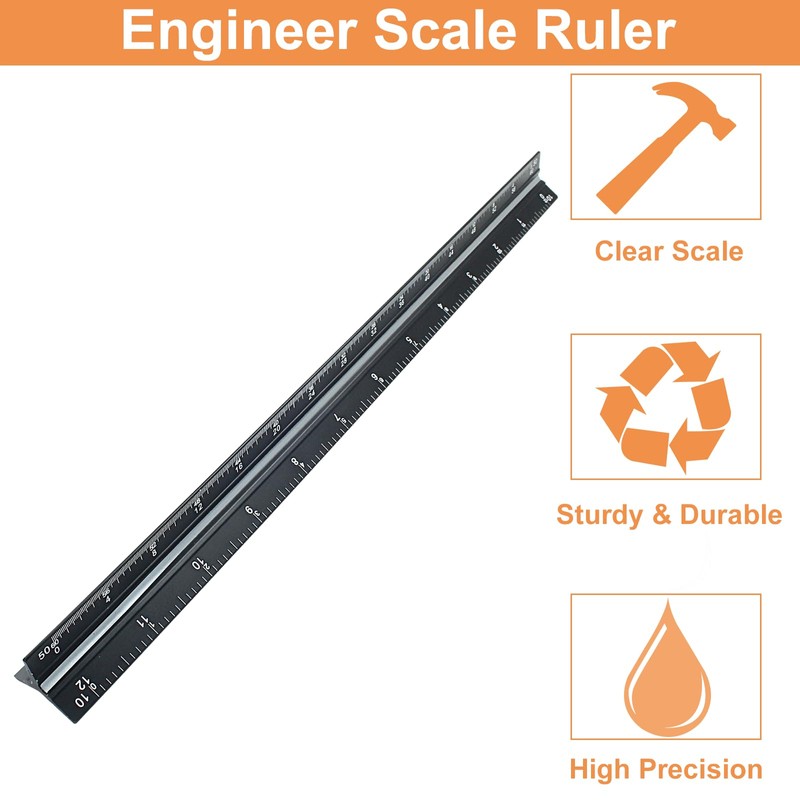 Piutouyar 12 Inch Engineer Scale Ruler,Laser-Etched Triangular Drafting Tool for