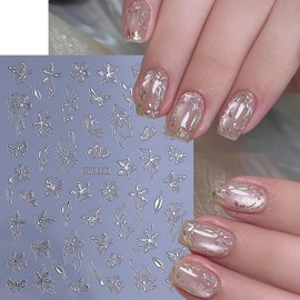 HYWWPFLAY 3 Sheets 3D Metal Flower Nail Stickers, Self - Adhesive 3D Spring Nail Art Stickers, Flower Leaf Butterfly Petals Nail Decals Design for Women Girls DIY Manicure Decor Supplies