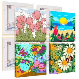 UMOART Framed Paint by Numbers - 4Packs Flowers Paint by Numbers Adults, Tulips Paint by Number Kits on Canvas, DIY Cartoon Oil Painting Acrylic Kits for Home Decor 8x8in