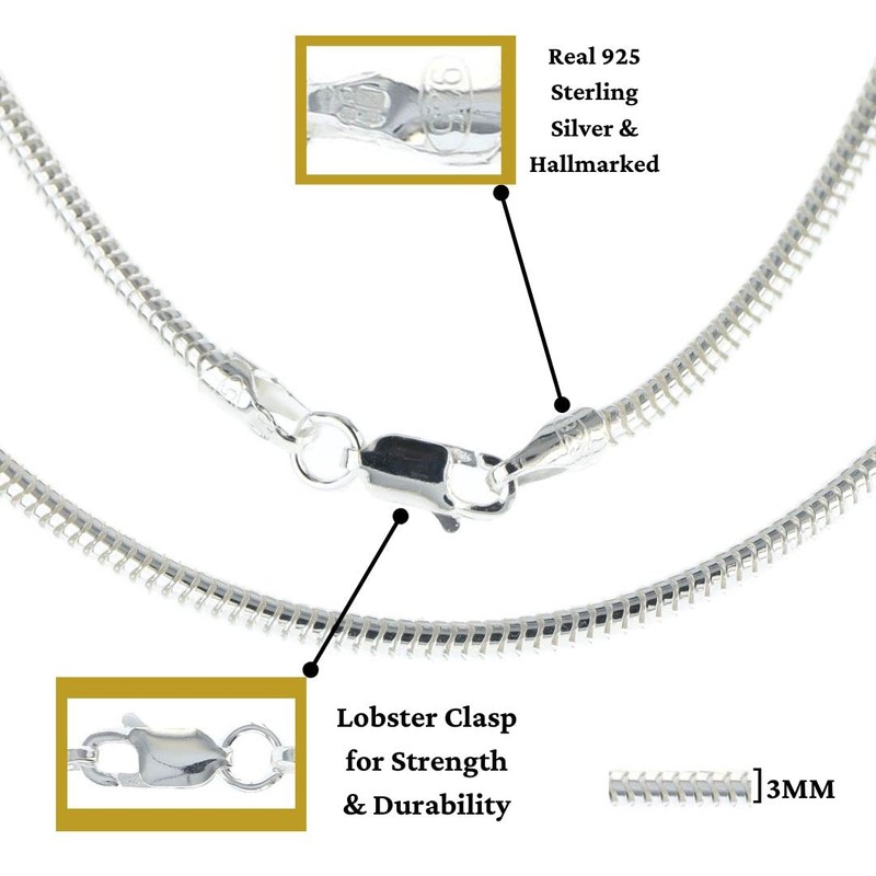 Solid Sterling Silver 3mm Round Snake Chain Necklace 18 Inch