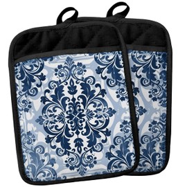 Blue and White Porcelain Floral Pot Holders with Pockets, Blue Chinoiserie Floral Pot Holders Heat Resistant Oven Mitts Hot Pads for Kitchen Baking Cooking,Potholders for Kitchens