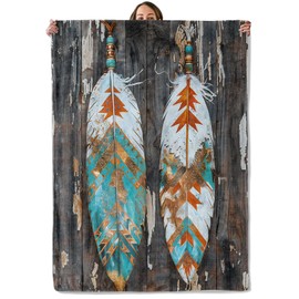 Tribal Feather Gifts, Boho Native Style Feather Blanket for Adults Women Kids, 50x60 in, Cozy Fuzzy Warm Soft Throw Blankets for Bedroom, Camping, Couch, Decor