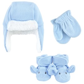 Hudson Baby Baby Trapper Hat, Mitten and Bootie Set, Blue Elephant, 0-6 Months