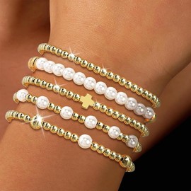 Long tiantian Gold Beaded Bracelets for Women Non Tarnish Dainty Pearl Beaded Bracelet for Women Trendy Clay Bead Bracelets Stack Stretch Bracelets for Women Gifts 2025