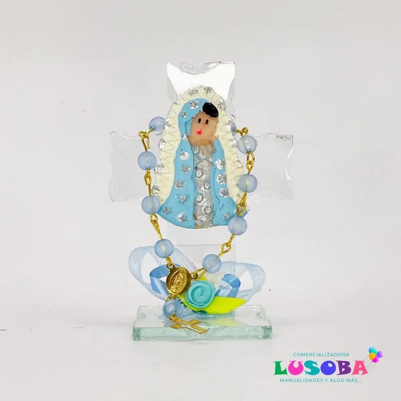Cruz de cristal azul con Virgen – Pack 12 pcs