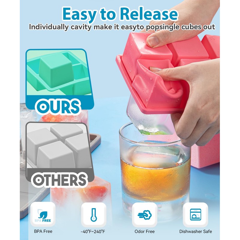 Large Ice Cube Tray 2 Pack, Lxndaser 2 Inch Silicone