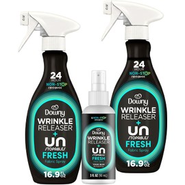 Downy Wrinkle Releaser Spray, Travel Size Spray + 16.9 Fl Oz Pack of 2, All In One Formula, Removes Wrinkles, Static and Odors, Light Fresh Scent