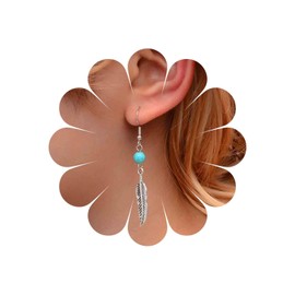 Allereya Vintage Turquoise Bead Feather Earrings Silver Feather drop Earrings Turquoise Dangle Hook Earrings Turquoise Feather Earrings Jewelry for Women and Girls