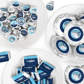 Big Dot of Happiness Shark Zone - Mini Candy Bar Wrappers, Round Candy Stickers and Circle Stickers - Jawsome Shark Party or Birthday Party Candy Favor Sticker Kit - 304 Pieces