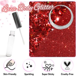 Laza 2 Jars Body Glitter for Valentine’s Day Hair Accessories Heart Glitter Chunky Sequins with Glitter Glue for Women Eyeshadow Makeup Face Paint Festival Rave Outfits Party Costumes - Crush