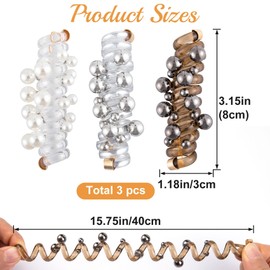 SmallCat 3PCS Spiral Hair Ties with Beads, 3 Colors Pearl Phone Cord Shape Hair Bands, Elastic Rubber Ponytail Holders for Women, No Crease Hair Accessories for Long Curly Hair