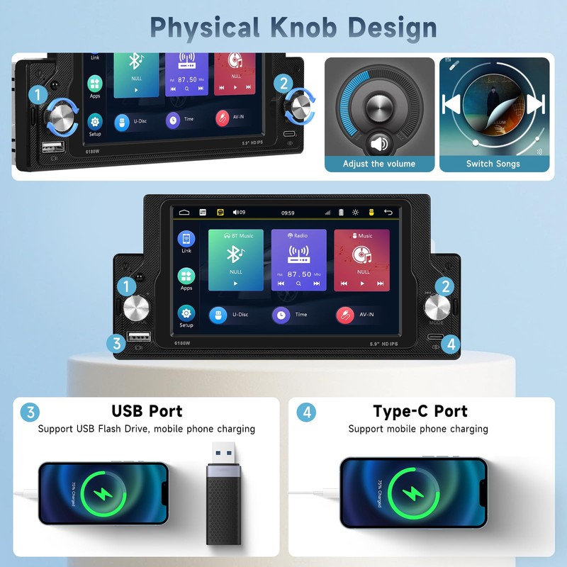 Single Din Car Stereo Wireless CarPlay/Android Auto, 5.9" HD IPS