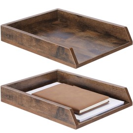 DoubleFill 2 Pcs Wooden Letter Trays Wood Letter-Size Desk Organizer Heavy Duty 2 Tier Stackable Supports Paper Tray Desktop Drawer Organizer File Folder Magazine Office Accessories (Dark Wood)