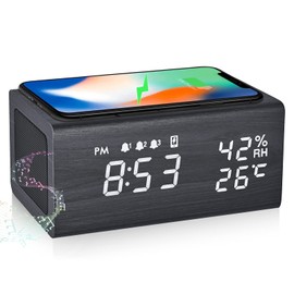 Alarm Clock, Alarm Clock, Speaker, Bluetooth 5.0, Qi Wireless Charger, 3 Pairs Alarm, Wood Grain Table Clock, Digital Clock, Desk Clock, Humidity, Thermometer Function, Year, Date Display, Memory