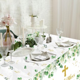 GREHUMOR 3Pcs God Bless Baptism Tablecloth Decorations First Holy Communion Table Cover Mi Bautizo Christening Party Supplies Disposable Plastic Tablecloths for Boys Girls Celebration Baby Shower