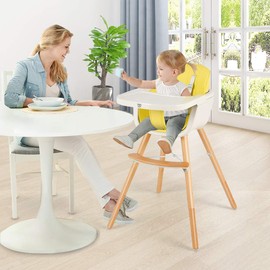 HONEY JOY Baby High Chair, 3 in 1 Convertible Wooden Highchair/Booster Seat/Infant Chair w/Removable Food Tray, Safety Belt, Adjustable Legs, Portable Dining Chair for Toddler Girl Boy (Yellow)