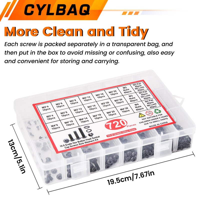 Nuts and Bolts Set M2 M3 M4, CYLBAQ Black Hex