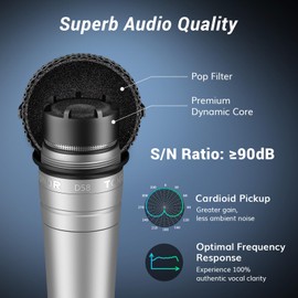 TONOR Cardioid Dynamic Vocal Microphone, Wired Vocal Mic with Integral Pop Filter and Spherical Mesh Grating, Handheld Mic with Noise Reduction, 6.35mm XLR Output, Singing, Stage, D58 Silver