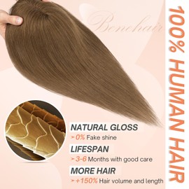 Benehair Human Hair Toppers for Women Clip in Hair Toppers for Daily Use 2 * 6cm Hand Made Lace Base Long Coverage Natural Hairpiece Wiglet #04 Medium Brown 8 Inch