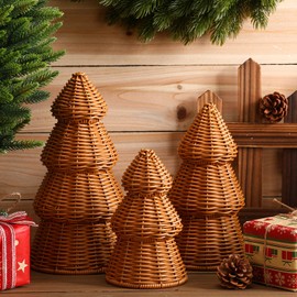 Bucherry Juego de 3 piezas de decoración de árbol de Navidad de ratán Decoración rústica de mesa de Navidad Decoración de árbol de Navidad pequeña