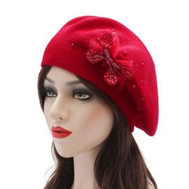 ZLYC Women French Beret hat Reversible Solid Color Floral Warm Knitted Beret Cap, Butterfly Red