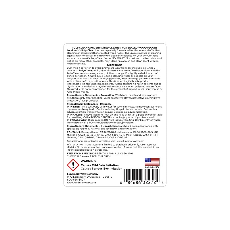 Lundmark Poly-Clean, Cleaner ncentrate for Polyurethane Floors, 32-Ounce, 3227F32-6, Clear
