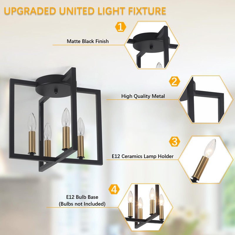 Modern Farmhouse 4-Light Black and Gold Ceiling Light Fixture, Industrial