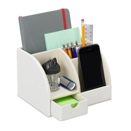 Relaxdays Desk Organiser, Faux Leather, Office Organiser with Drawer, 4 Compartments, Pen Holder, 13 x 19 x 15 cm, White