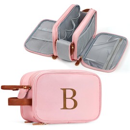 YOOLIFE Birthday Gifts for Women - Travel Toiletry Bag Large Makeup Organizer Dopp Kit Water Resistant Travel Essentials for Women, Mom Sister Friend Birthday Gifts for Her Cosmetic Bag Letter B Pink