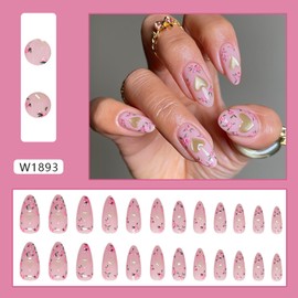 FOXIIU Press on Almond Nails Medium Glossy Full Cover Acrylic Almond Shaped False Nails with Designs Artificial French Fake Nails Glue Stick ons Fingernails for Women Girls(W1893)
