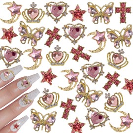 editTime Metal Alloy Nail Charms Rhinestones Kit 3D Gold Silver Stars Butterfly Heart Rose Flower Nail Gems Shiny Crystal Rhinestones Diamonds Jewelry (pink-30)