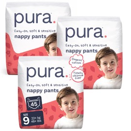 Pura Nappy Pants Size 9, 45 Count, 22+kg/48+lbs, 360° Stretch Fit, Potty Training Pants for Hypoallergenic & Sensitive Skin, Up to 12 Hours Overnight Leak Protection, Totally Chlorine Free