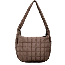 Women's Quilted Shoulder Bag Padded Tote Bag Large Capacity Hobo Purse Lightweight Nylon Padding Handbag, Brown, Large